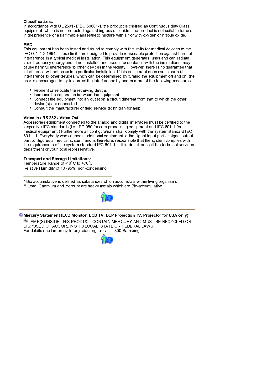 Samsung MH17WSSS/EDC manual Classifications, Video In / RS 232 / Video Out, Transport and Storage Limitations 