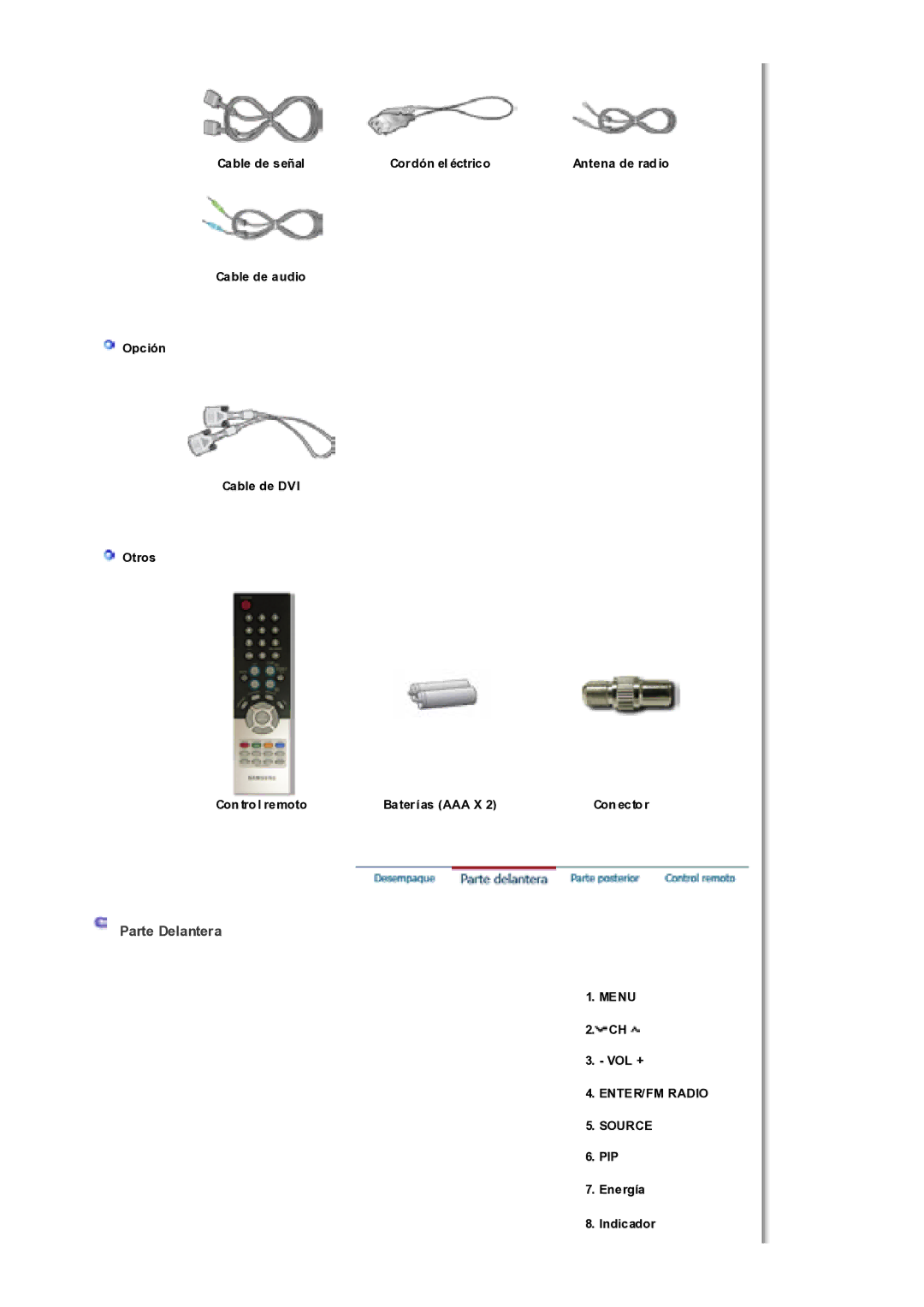 Samsung MH17WSSS/EDC manual Parte Delantera, Menu, ENTER/FM Radio Source 