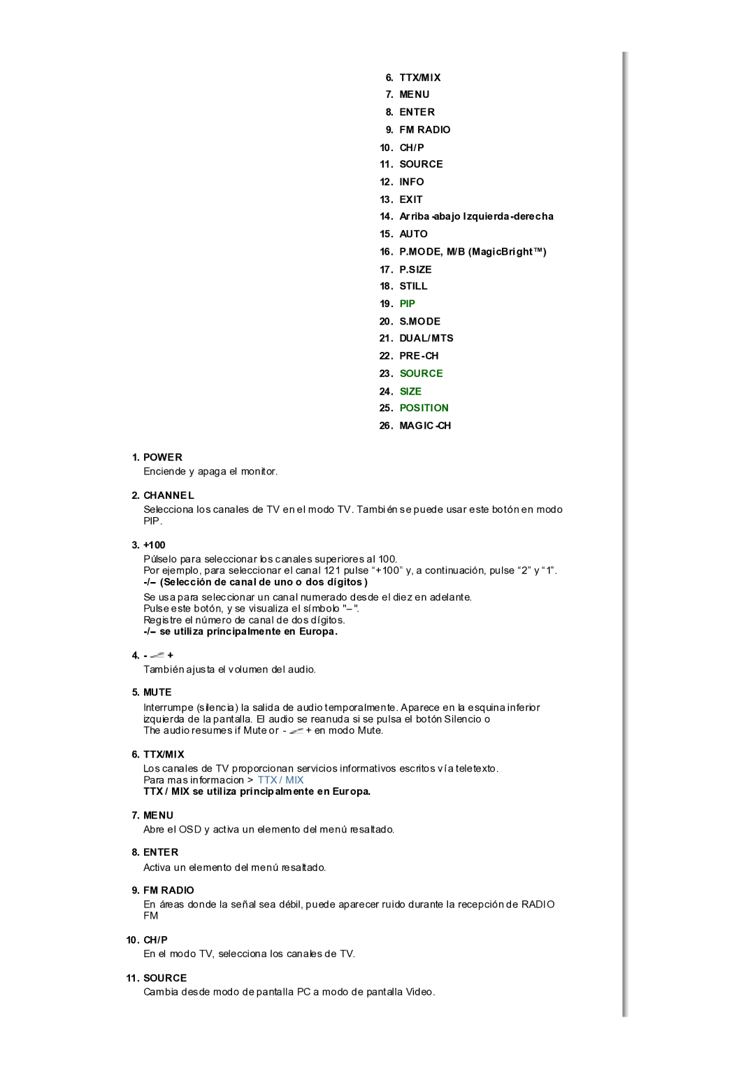 Samsung MH17WSSS/EDC manual TTX/MIX Menu Enter FM Radio, Still, Dual/Mts, Magic -CH Power, Ttx/Mix 