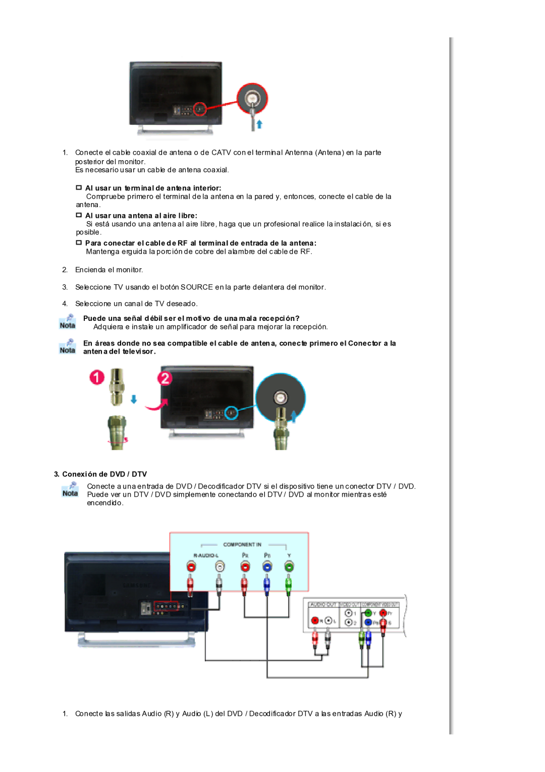 Samsung MH17WSSS/EDC manual Al usar un terminal de antena interior, Al usar una antena al aire libre 