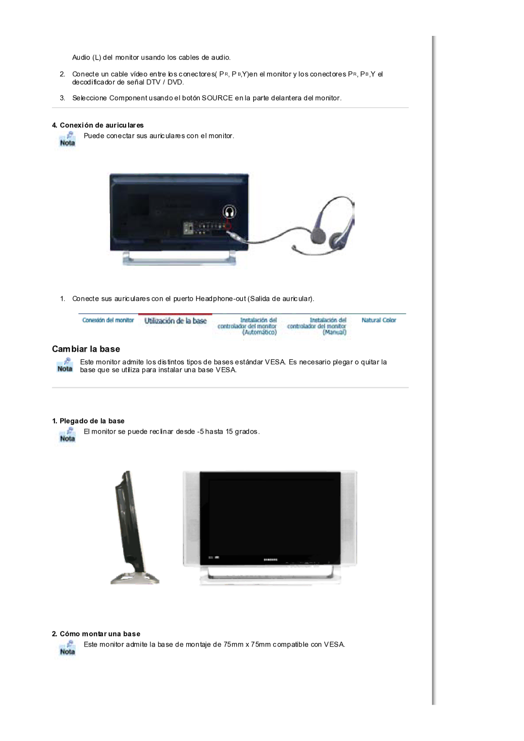 Samsung MH17WSSS/EDC manual Conexión de auriculares, Plegado de la base, Cómo montar una base 