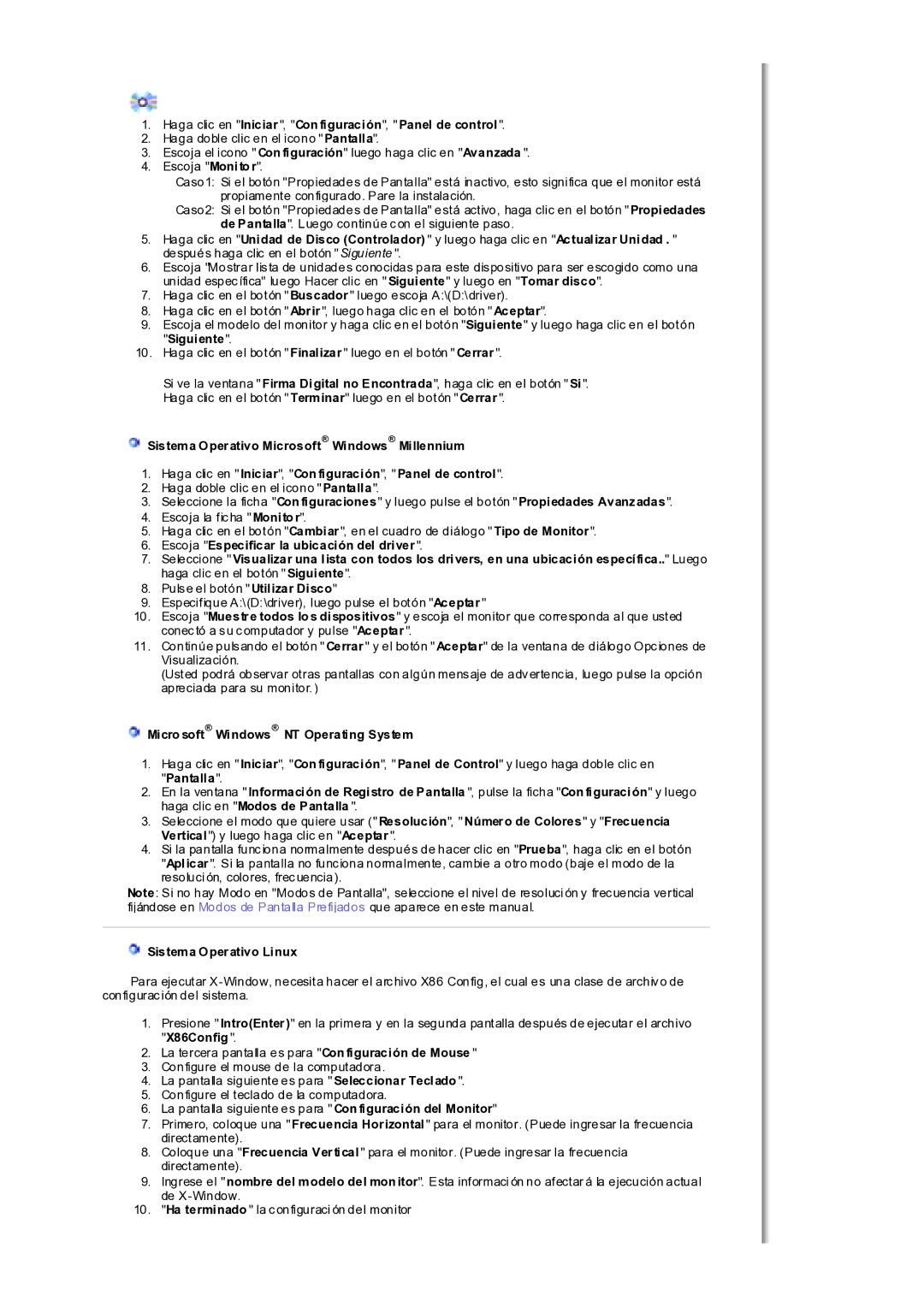 Samsung MH17WSSS/EDC manual Haga clic en Iniciar, Con figuración, Panel de control, Microsoft Windows NT Operating System 