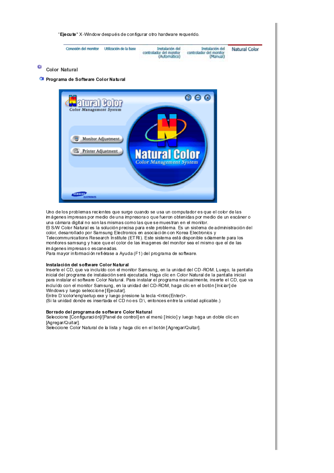 Samsung MH17WSSS/EDC manual Programa de Software Color Natural, Instalación del software Color Natural 
