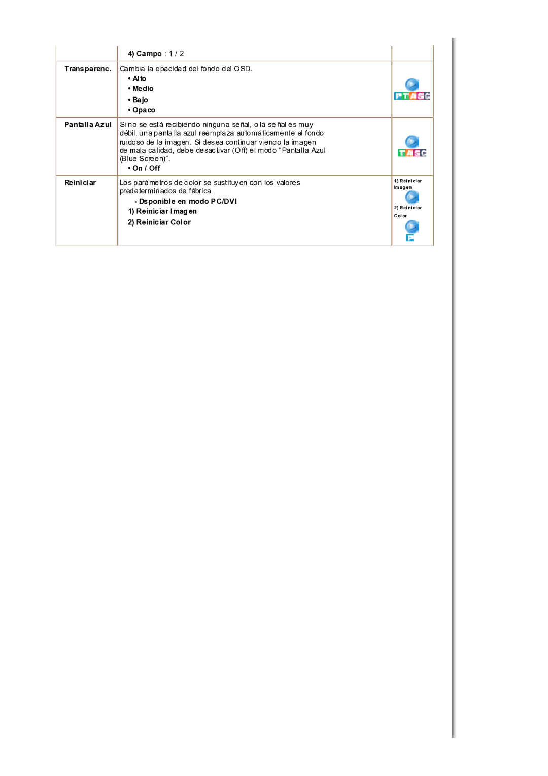 Samsung MH17WSSS/EDC manual Reiniciar Imag en Reiniciar Color 