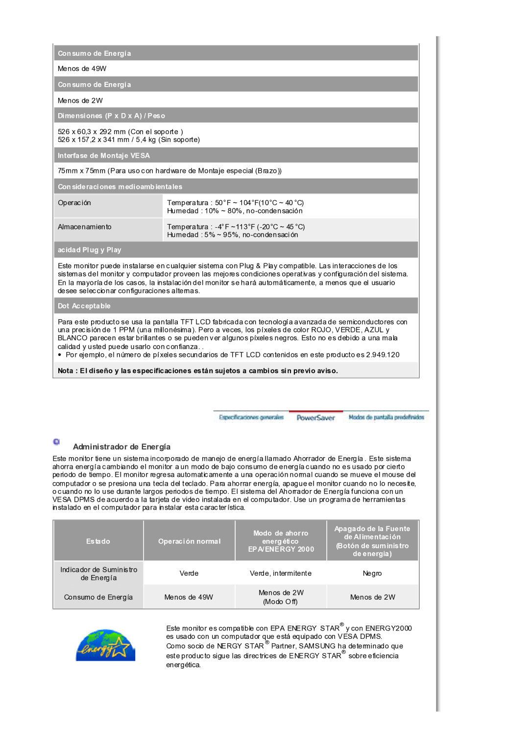 Samsung MH17WSSS/EDC manual Administrador de Energía 