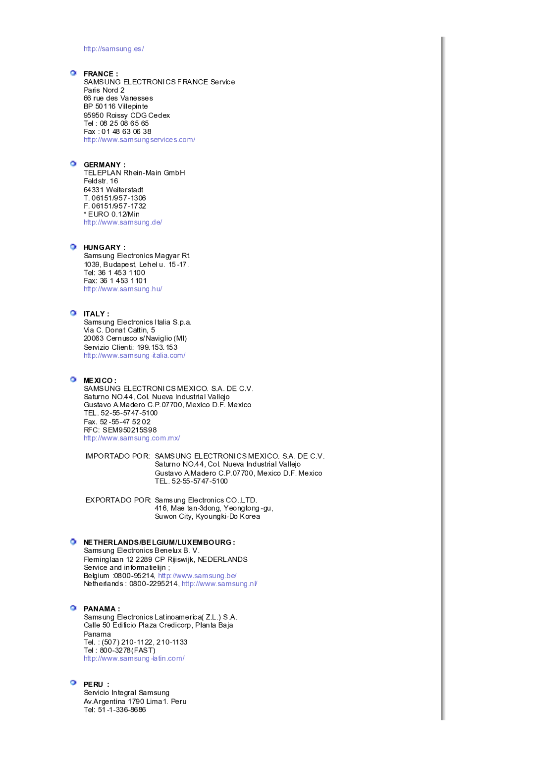 Samsung MH17WSSS/EDC manual France, Germany, Hungary, Italy, Mexico, Netherlands/Belgium/Luxembourg, Panama, Peru 