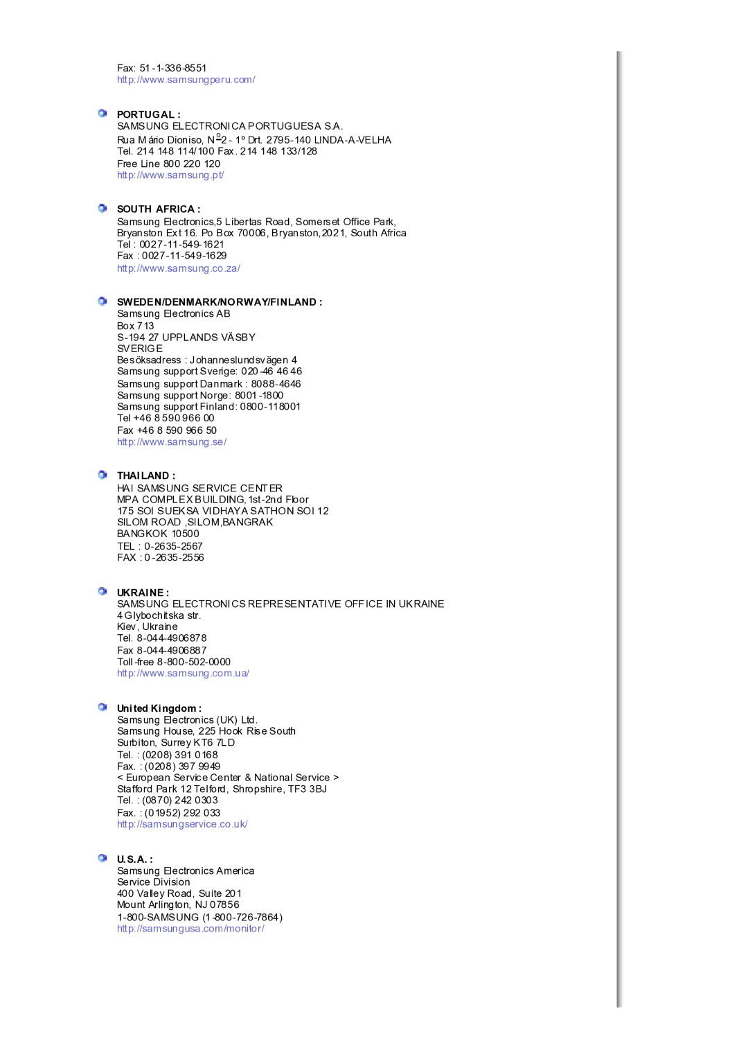 Samsung MH17WSSS/EDC manual Portugal, South Africa, Sweden/Denmark/Norway/Finland, Thailand, Ukraine 