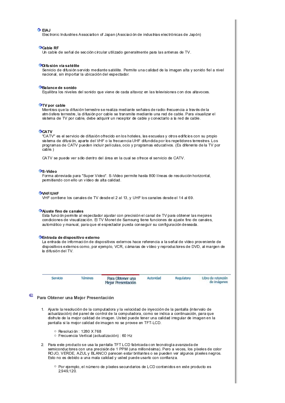 Samsung MH17WSSS/EDC manual Para Obtener una Mejor Presentación, Eiaj, Catv, Vhf/Uhf 