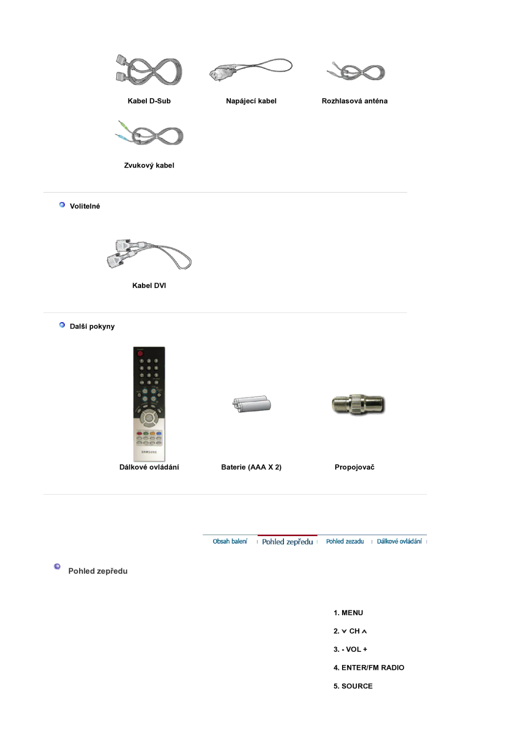 Samsung MH17WSSS/EDC manual Pohled zepředu, Kabel D-Sub Napájecí kabel, Menu, Vol +, ENTER/FM Radio Source 