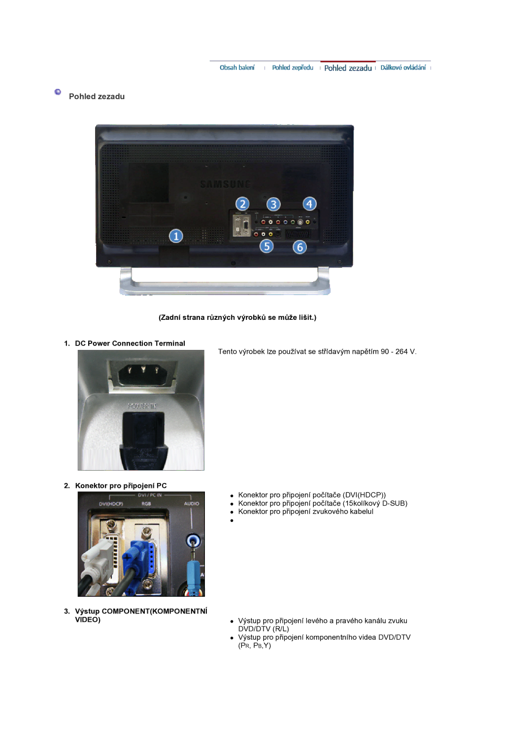 Samsung MH17WSSS/EDC manual Pohled zezadu, Konektor pro připojení PC, Výstup Componentkomponentní Video 