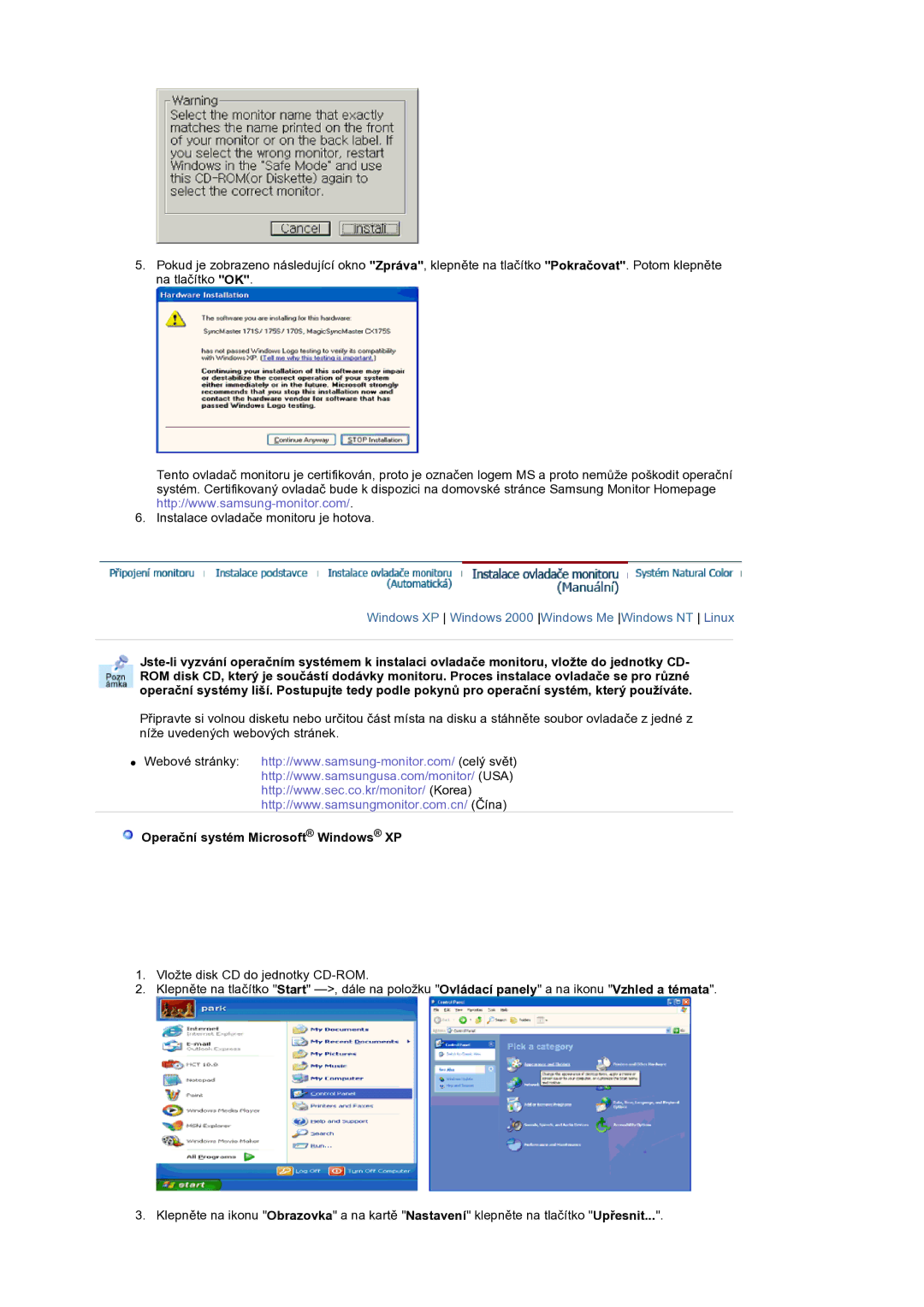 Samsung MH17WSSS/EDC manual Windows XP Windows 2000 Windows Me Windows NT Linux, Operační systém Microsoft Windows XP 