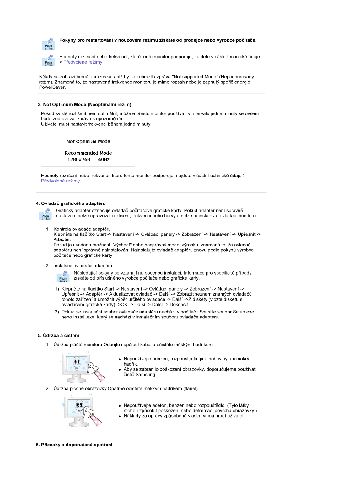 Samsung MH17WSSS/EDC manual Not Optimum Mode Neoptimální režim, Ovladač grafického adaptéru, Údržba a čištění 