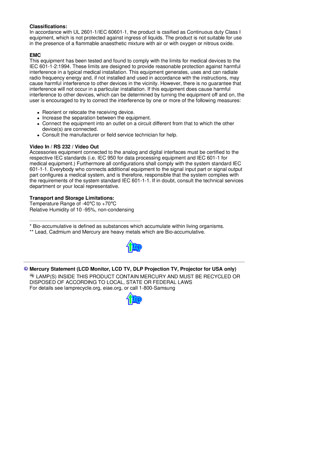 Samsung MH17WSSS/EDC manual Classifications, Video In / RS 232 / Video Out, Transport and Storage Limitations 