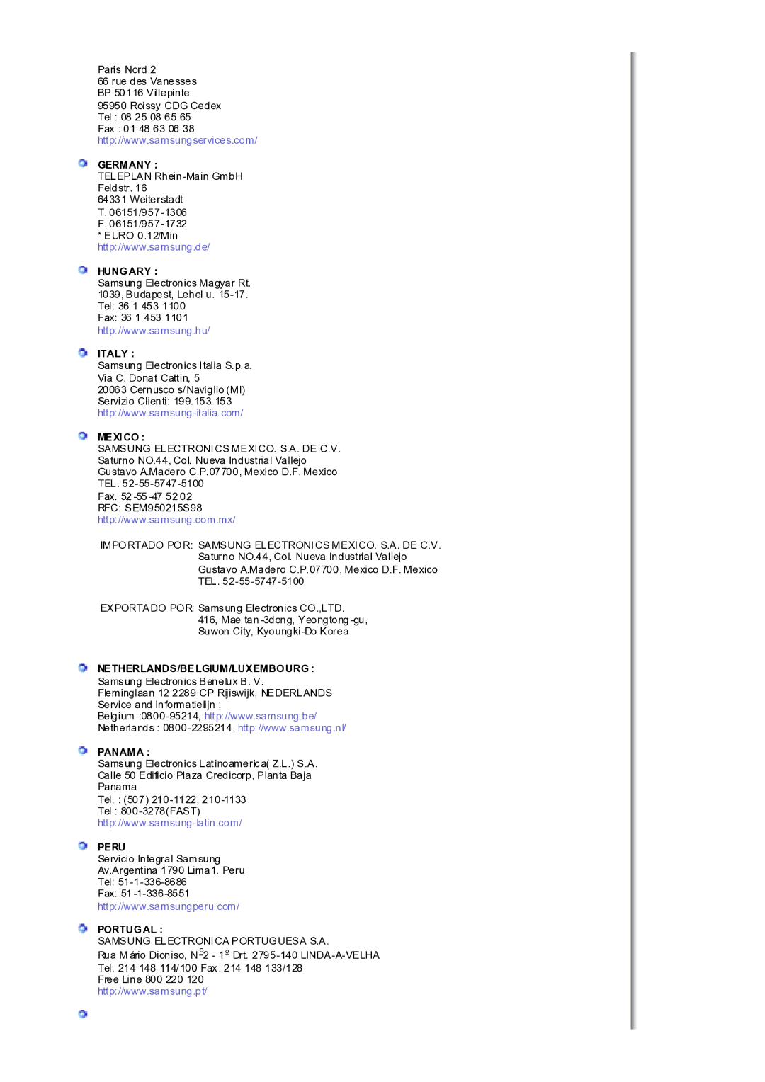 Samsung MH17WSSS/EDC manual Germany, Hungary, Italy, Mexico, Netherlands/Belgium/Luxembourg, Panama, Peru, Portugal 