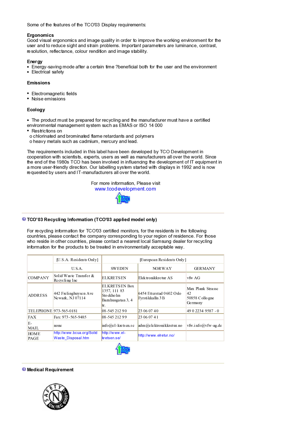 Samsung MH17WSSS/EDC manual Ergonomics, Energy, Emissions, Ecology, TCO03 Recycling Information TCO03 applied model only 