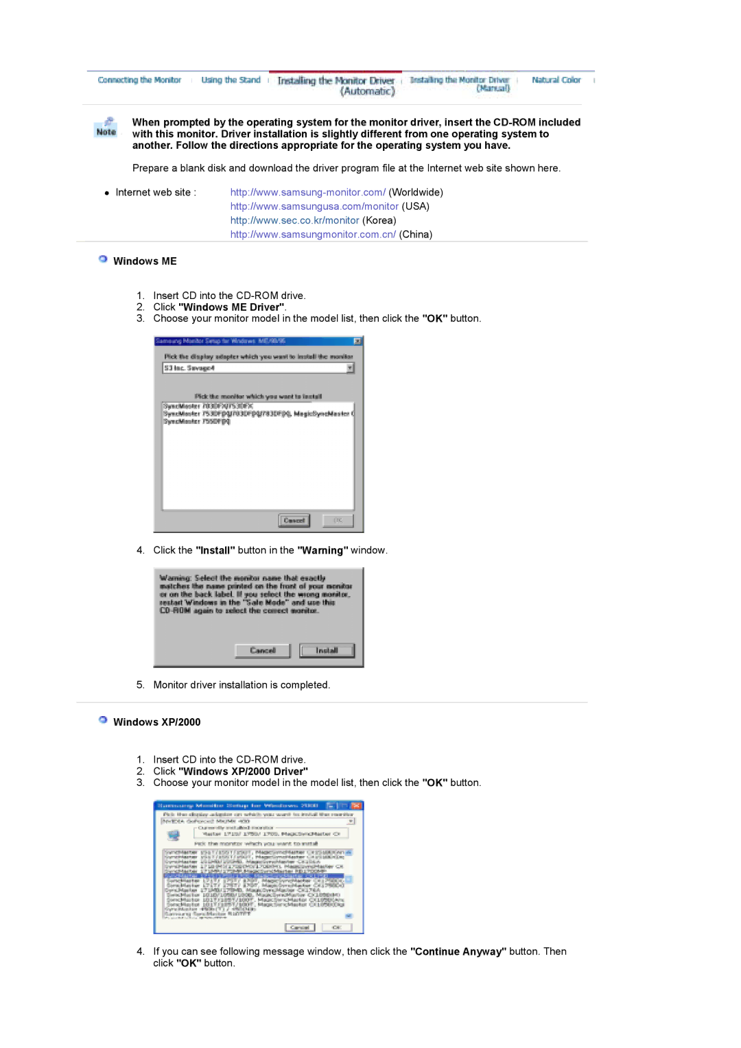 Samsung MH17WSSS/XSJ, MH17WSSSV/XSJ, MH17WSSS/EDC manual Click Windows ME Driver, Click Windows XP/2000 Driver 