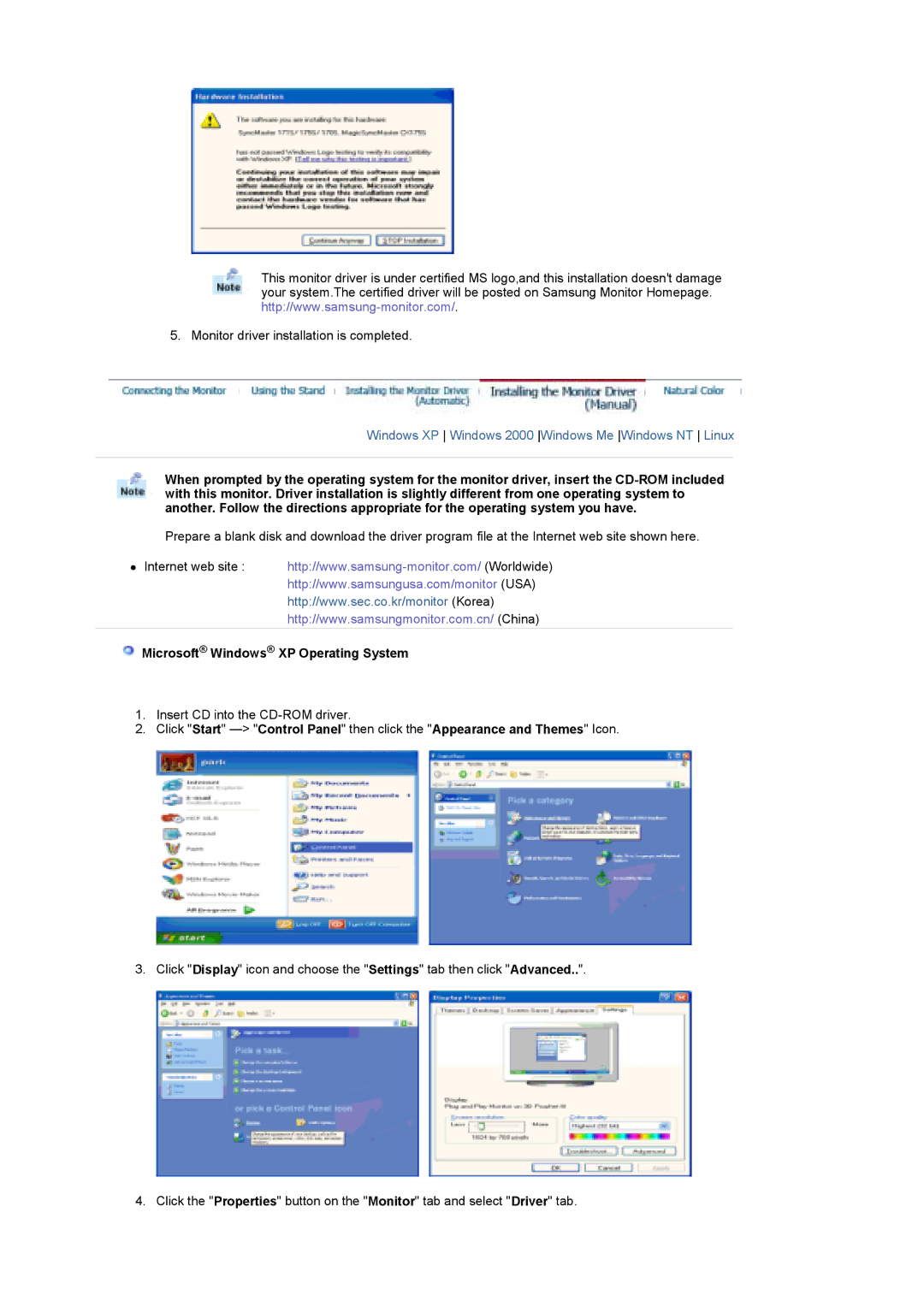 Samsung MH17WSSS/EDC manual Windows XP Windows 2000 Windows Me Windows NT Linux, Microsoft Windows XP Operating System 