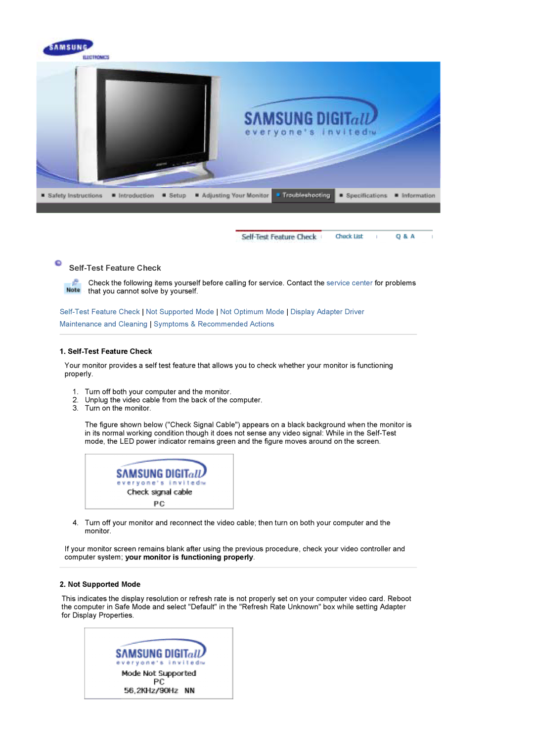 Samsung MH17WSSSV/XSJ, MH17WSSS/XSJ, MH17WSSS/EDC, MH17WSSS/XSG, MH17WSSS/SAI Self-Test Feature Check, Not Supported Mode 