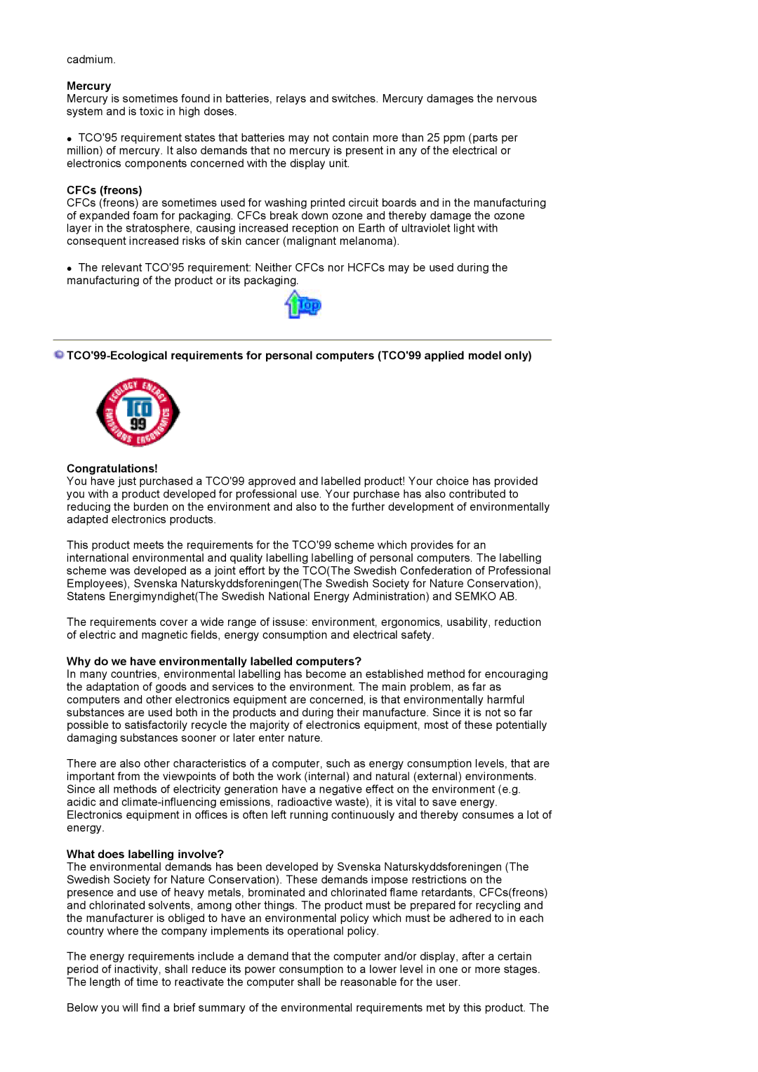 Samsung MH17WSSS/XSG, MH17WSSSV/XSJ, MH17WSSS/XSJ Mercury, CFCs freons, Why do we have environmentally labelled computers? 
