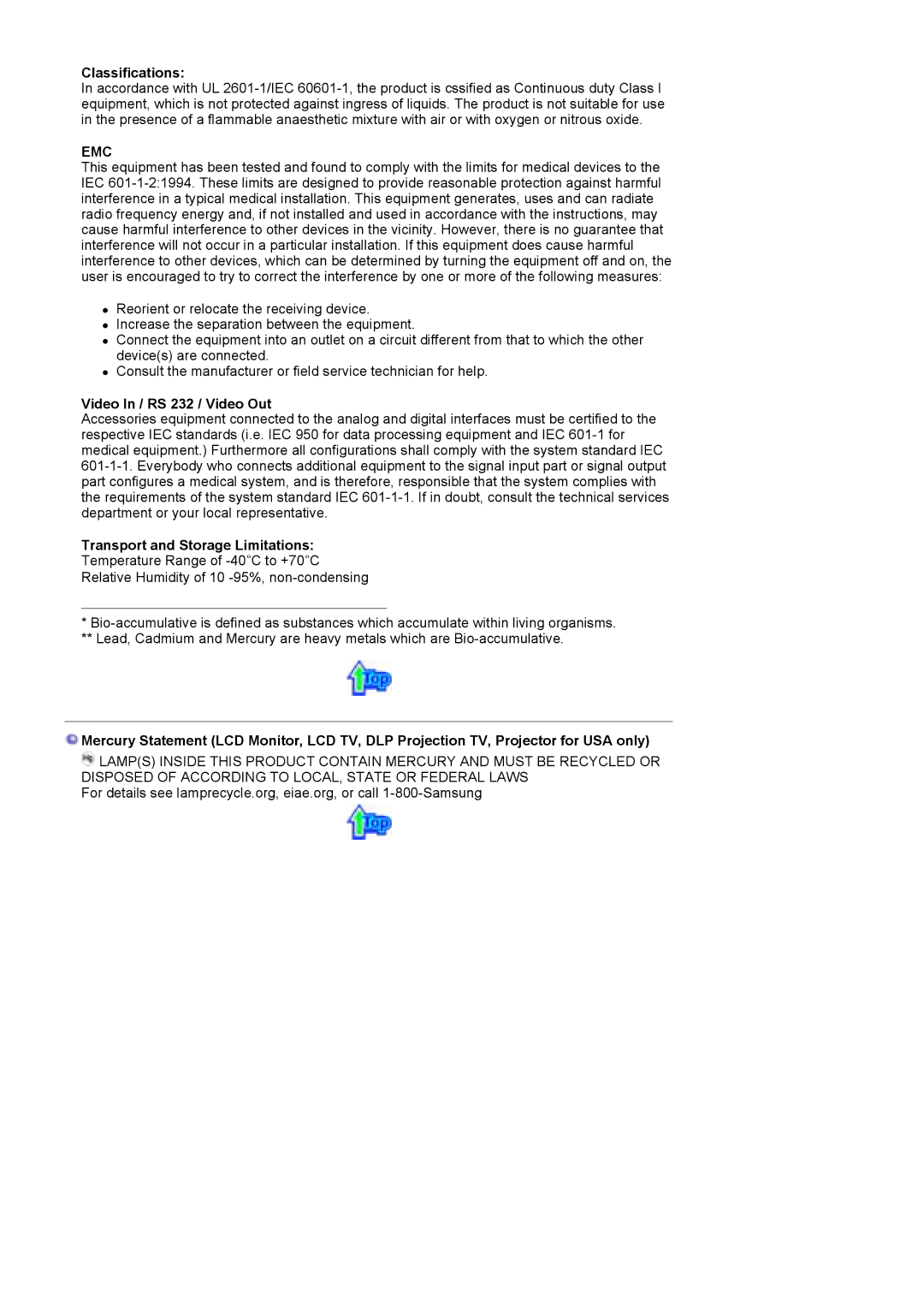 Samsung MH17WSSS/XSJ, MH17WSSSV/XSJ manual Classifications, Video In / RS 232 / Video Out, Transport and Storage Limitations 