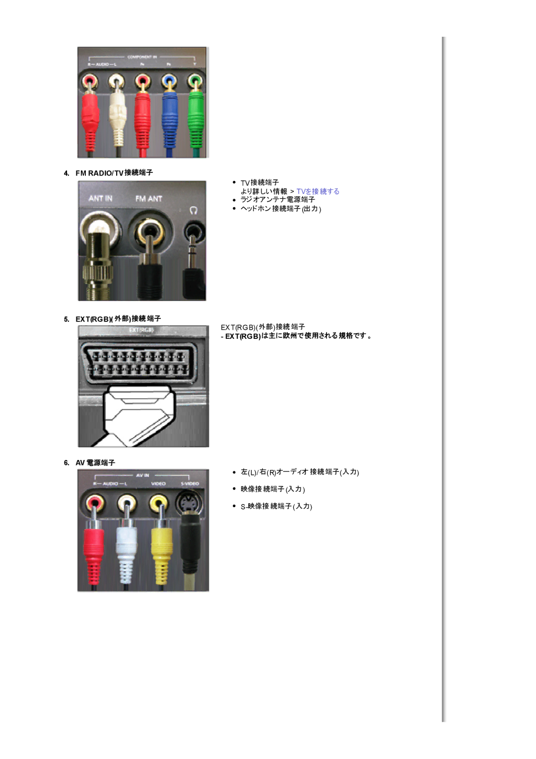 Samsung MH17WSSSV/XSJ, MH17WSSS/XSJ manual Fm Radio/Tv接続端子, Extrgb 外部接続端子, Extrgbは主に欧州で使用される規格です。 Av 電源端子 