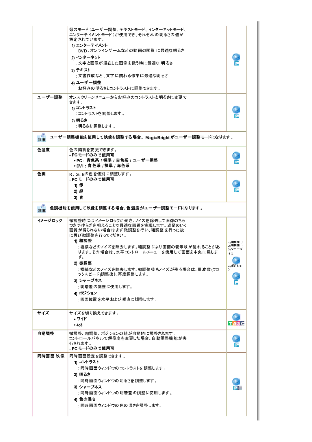 Samsung MH17WSSSV/XSJ エンターテイメント, インターネット, テキスト, ユーザー調整, コントラスト, 明るさ, ユ一ザ一調整機能を使用して映像を調整する場合、 MagicBright がユ一ザ一調整モードになります。 