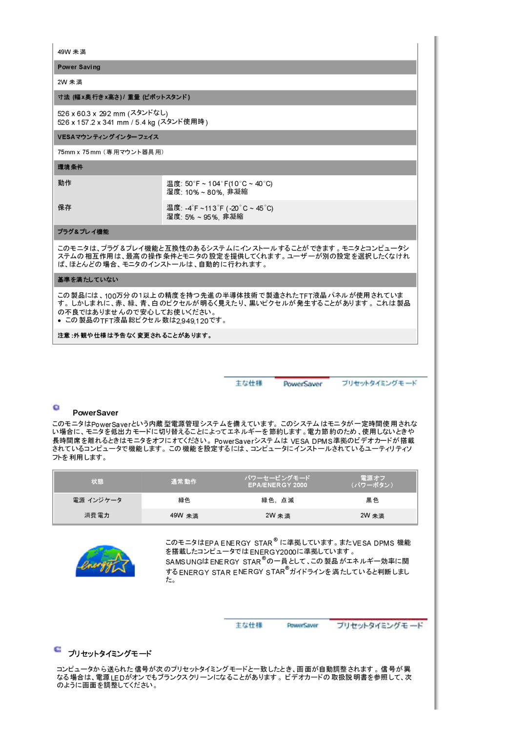 Samsung MH17WSSSV/XSJ, MH17WSSS/XSJ manual PowerSaver, プリセットタイミングモード 