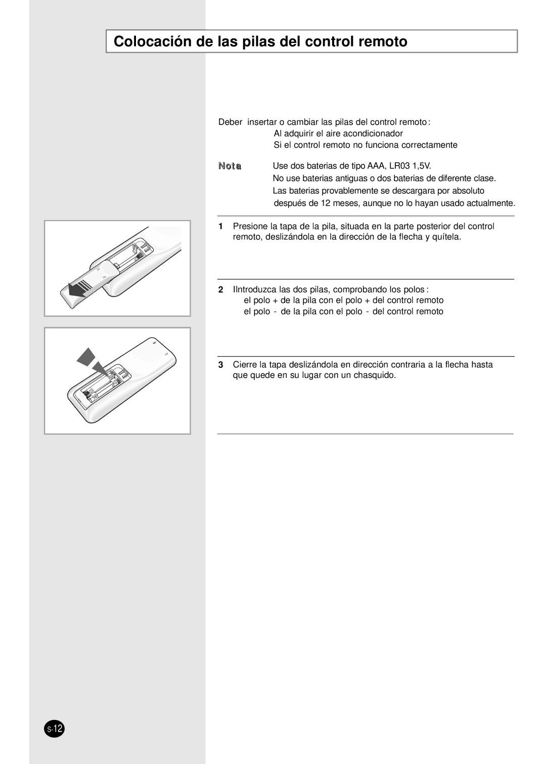 Samsung MH18VP2-09, MH30VP2-12, MH30VP2-09, MH19VP2-12, MH19VP2-07 Colocación de las pilas del control remoto 