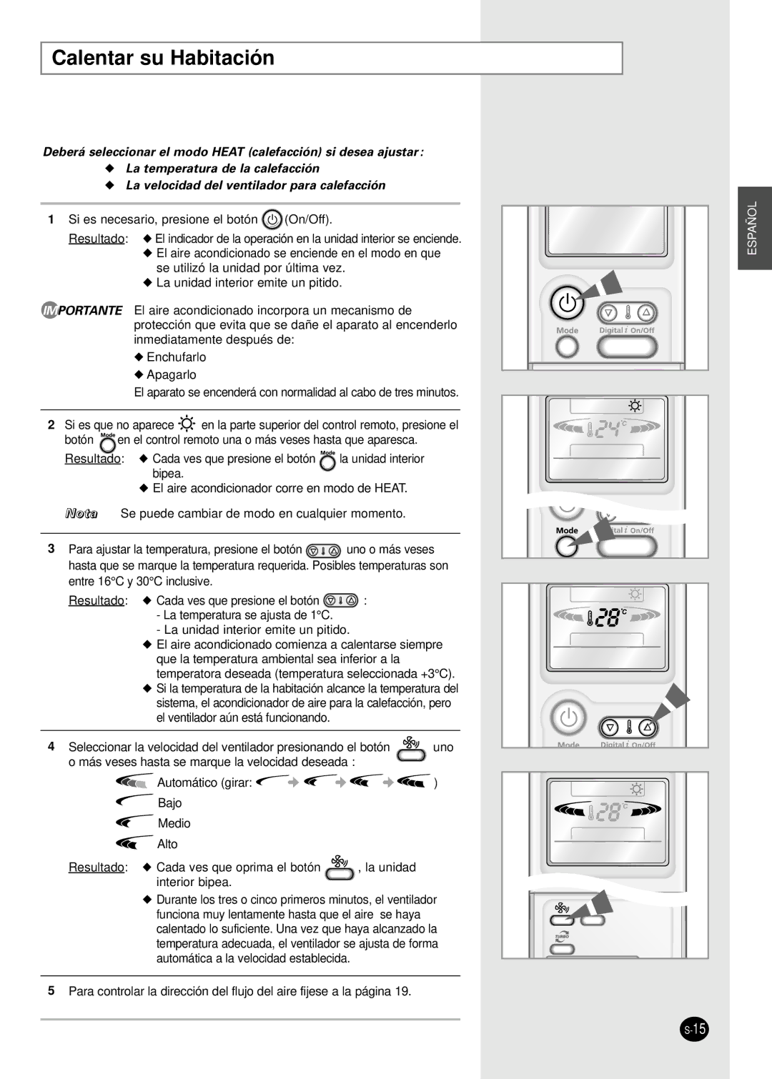 Samsung MH30VP2-12, MH30VP2-09, MH18VP2-09, MH19VP2-12, MH19VP2-07 manuel dutilisation Calentar su Habitación 