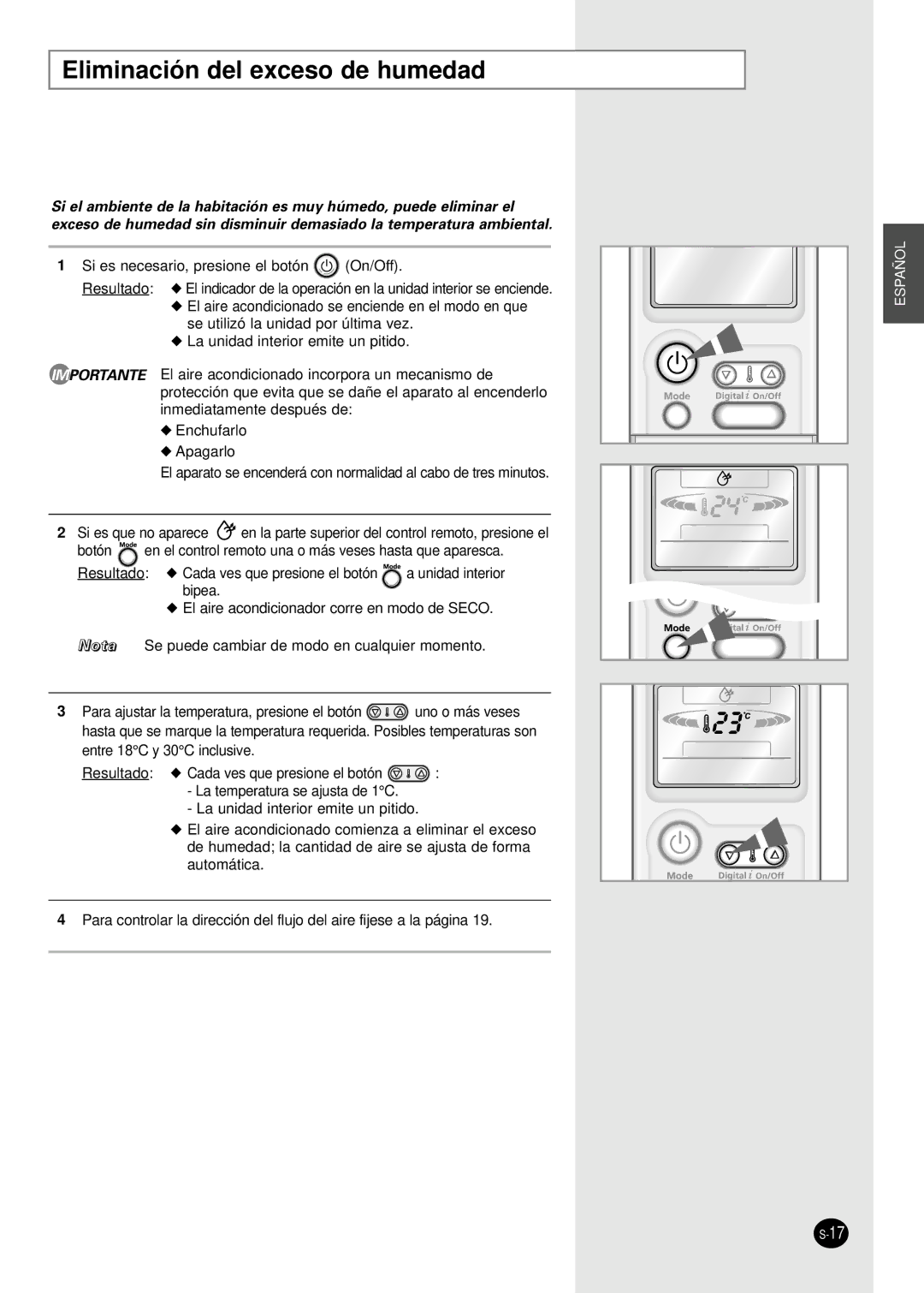 Samsung MH18VP2-09, MH30VP2-12, MH30VP2-09, MH19VP2-12, MH19VP2-07 manuel dutilisation Eliminación del exceso de humedad 