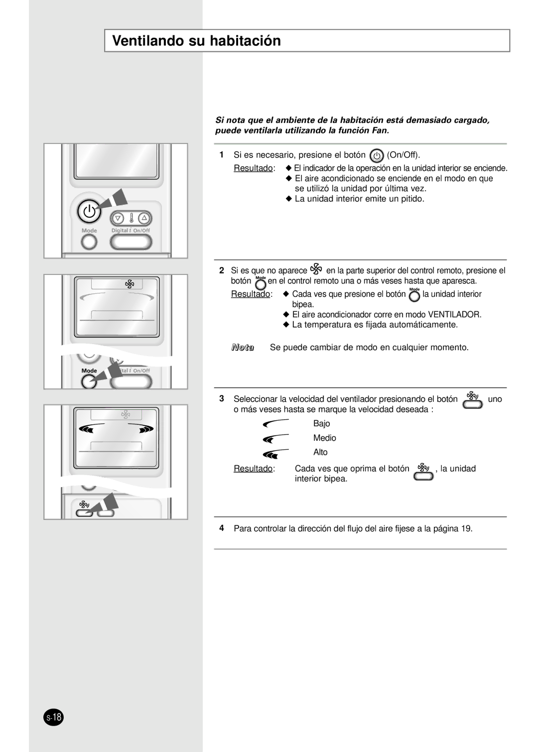 Samsung MH19VP2-12, MH30VP2-12, MH30VP2-09, MH18VP2-09, MH19VP2-07 manuel dutilisation Ventilando su habitación 