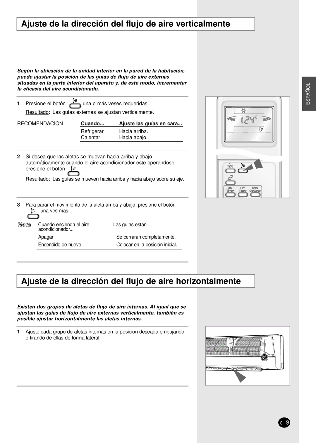 Samsung MH19VP2-07, MH30VP2-12, MH30VP2-09, MH18VP2-09, MH19VP2-12 Ajuste de la dirección del flujo de aire verticalmente 