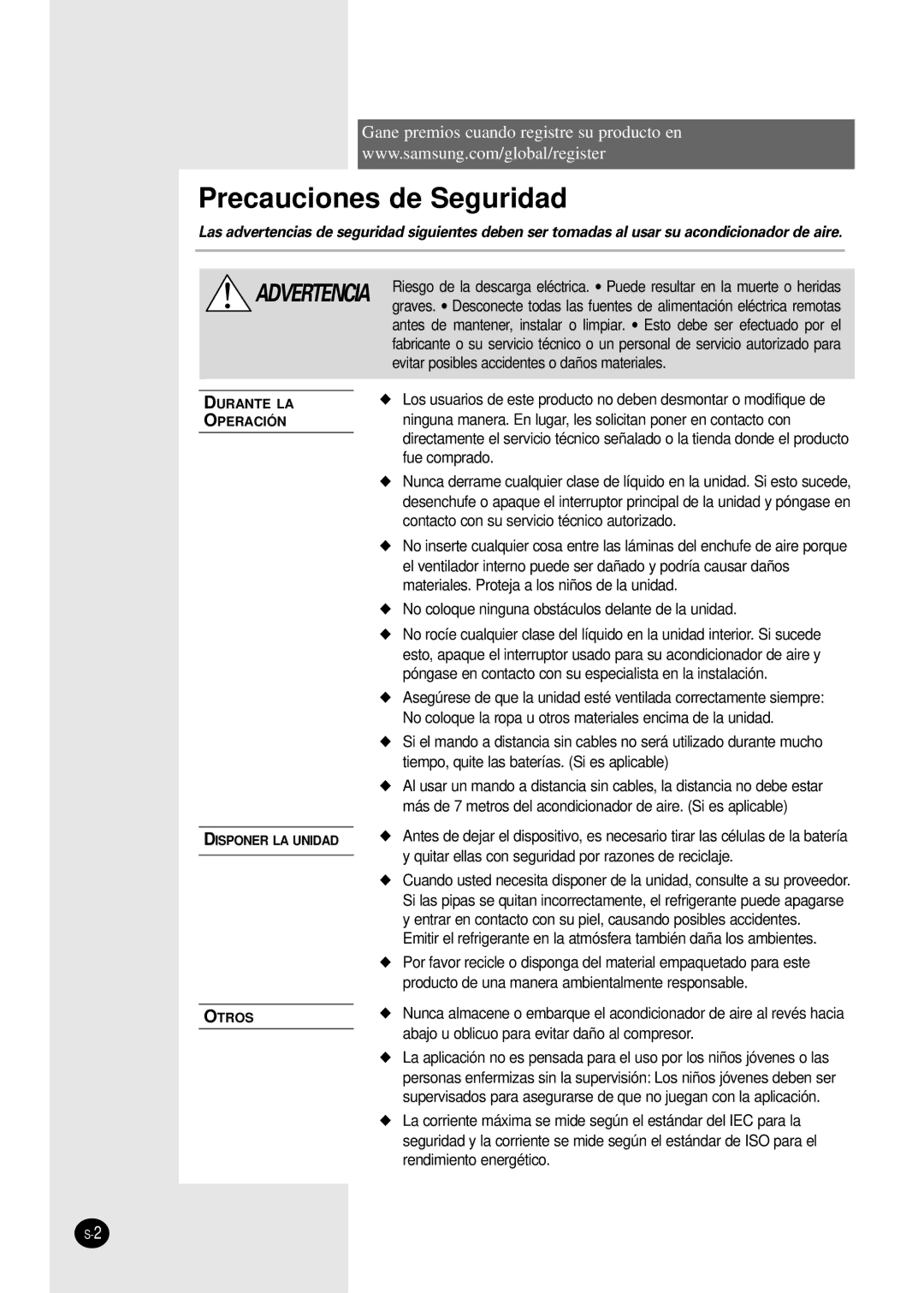 Samsung MH18VP2-09, MH30VP2-12, MH30VP2-09, MH19VP2-12, MH19VP2-07 manuel dutilisation Precauciones de Seguridad 