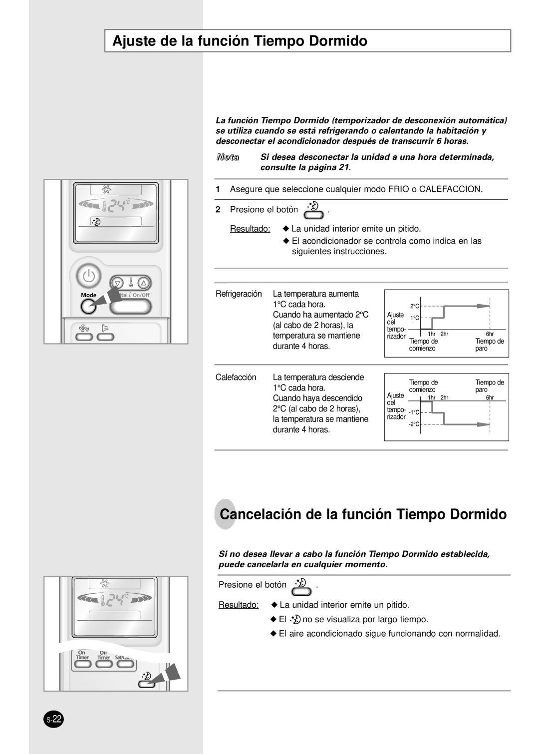 Samsung MH18VP2-09, MH30VP2-12, MH30VP2-09 Ajuste de la función Tiempo Dormido, Cancelación de la función Tiempo Dormido 