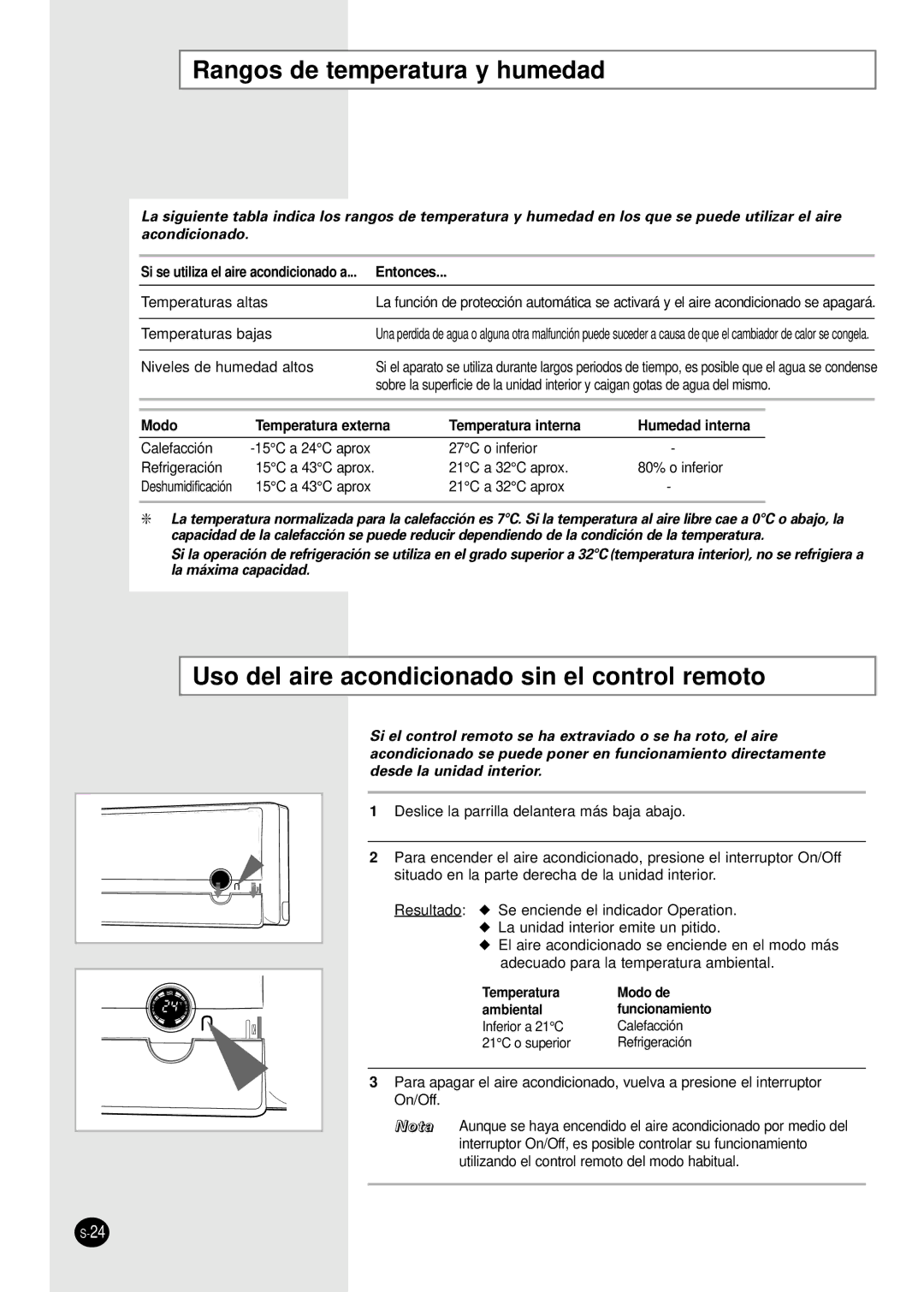 Samsung MH19VP2-07, MH30VP2-12 Rangos de temperatura y humedad, Uso del aire acondicionado sin el control remoto 