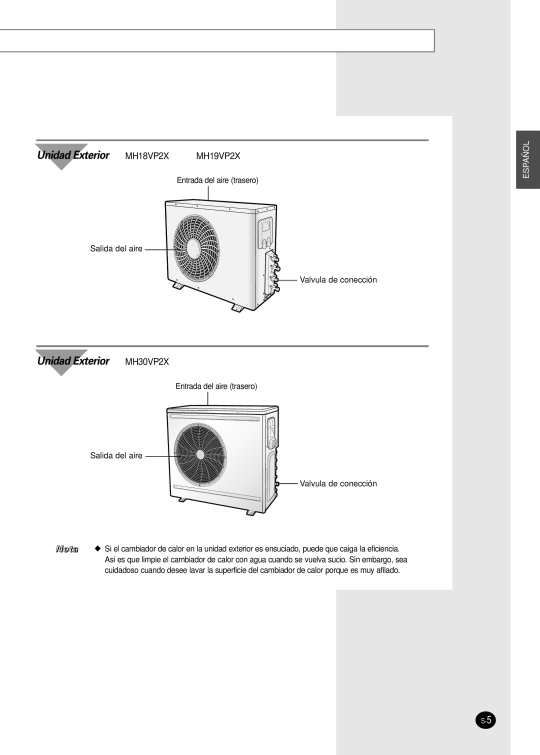 Samsung MH30VP2-12, MH30VP2-09, MH18VP2-09, MH19VP2-12, MH19VP2-07 manuel dutilisation Unidad Exterior MH18VP2X 