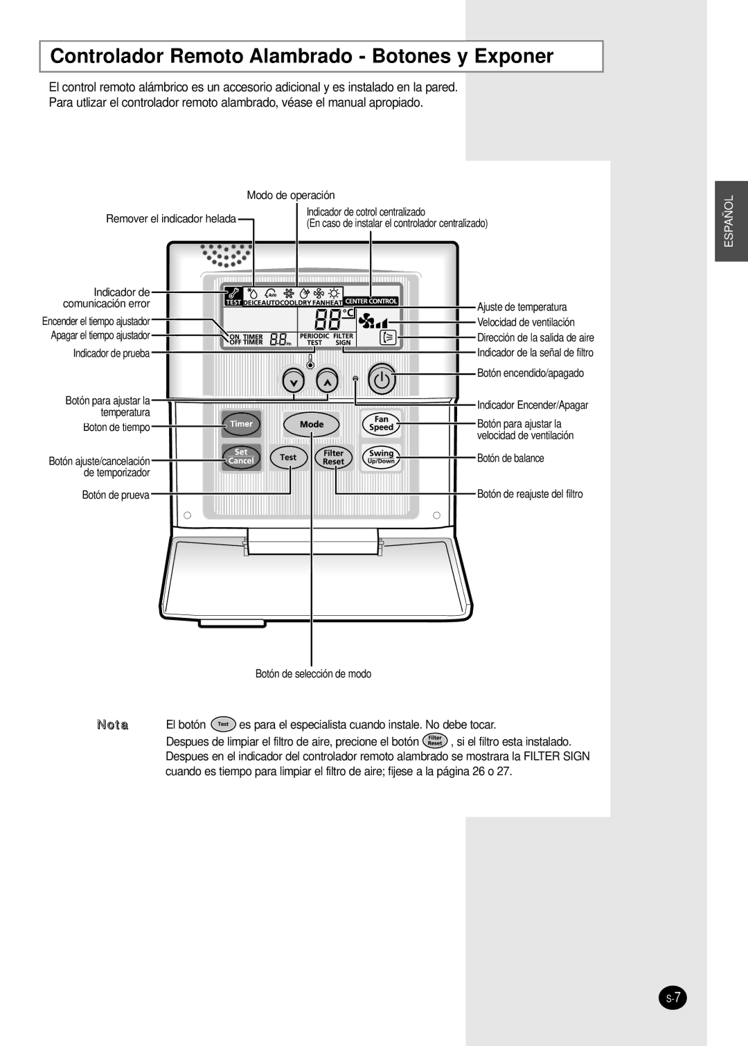 Samsung MH18VP2-09, MH30VP2-12, MH30VP2-09 Controlador Remoto Alambrado Botones y Exponer, Indicador de cotrol centralizado 