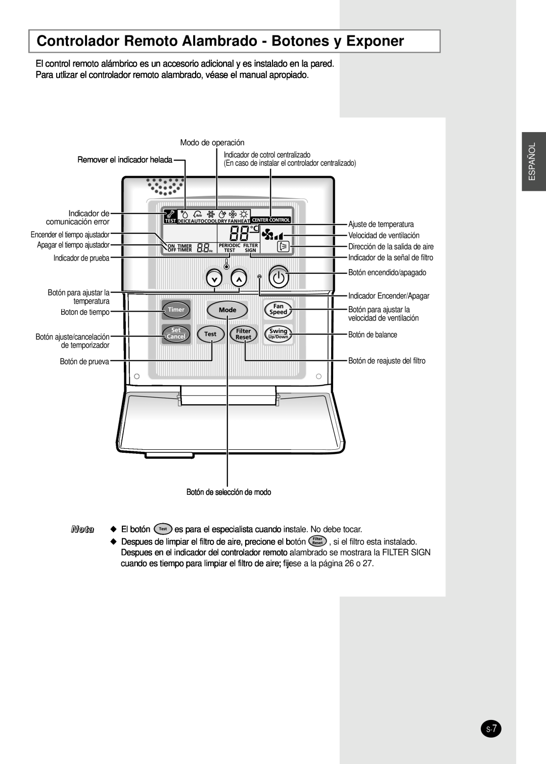 Samsung MH18VP2-09 Controlador Remoto Alambrado - Botones y Exponer, Indicador de cotrol centralizado, temperatura 