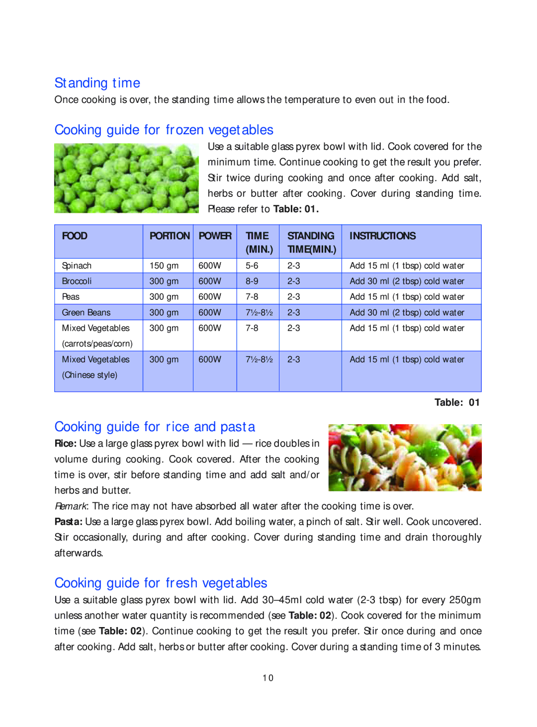 Samsung Microwave Oven warranty Standing time, Cooking guide for frozen vegetables, Cooking guide for rice and pasta 