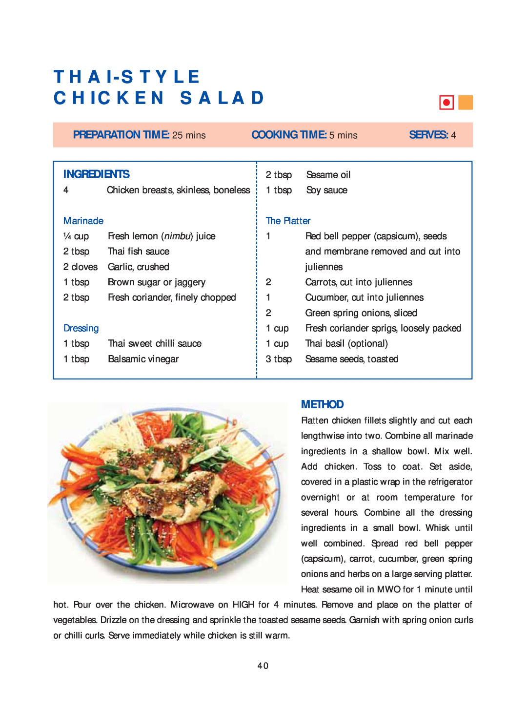 Samsung Microwave Oven Thai-Style Chicken Salad, PREPARATION TIME: 25 mins, COOKING TIME 5 mins, Serves, Ingredients 