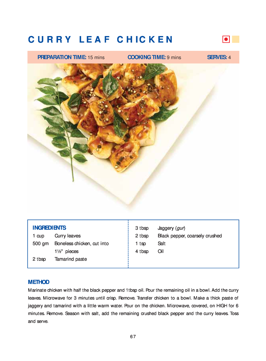 Samsung Microwave Oven Curry Leaf Chicken, PREPARATION TIME 15 mins, COOKING TIME: 9 mins, Serves, Ingredients, Method 