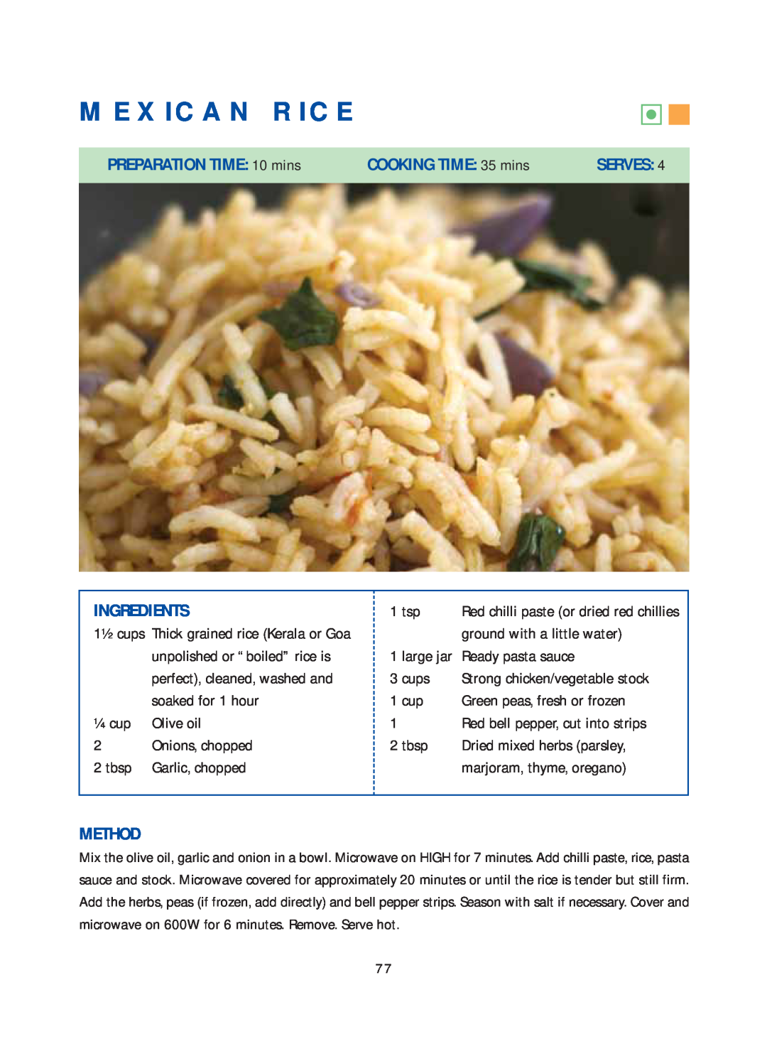Samsung Microwave Oven warranty Mexican Rice, PREPARATION TIME: 10 mins, COOKING TIME: 35 mins, Serves, Ingredients, Method 