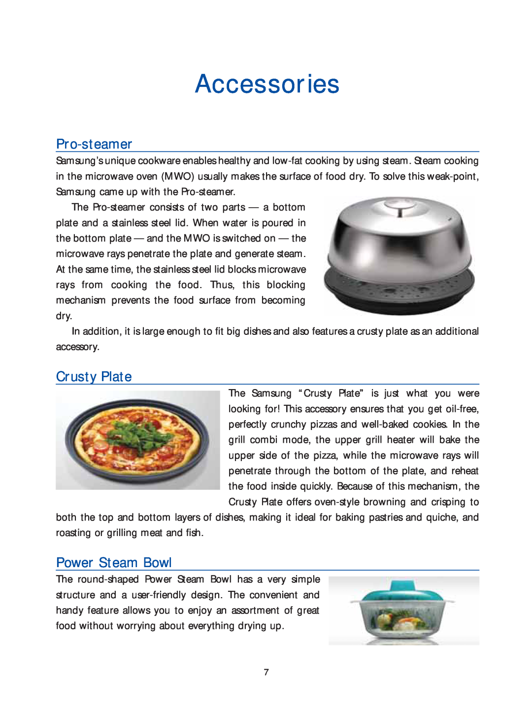 Samsung Microwave Oven warranty Accessories, Pro-steamer, Crusty Plate, Power Steam Bowl 