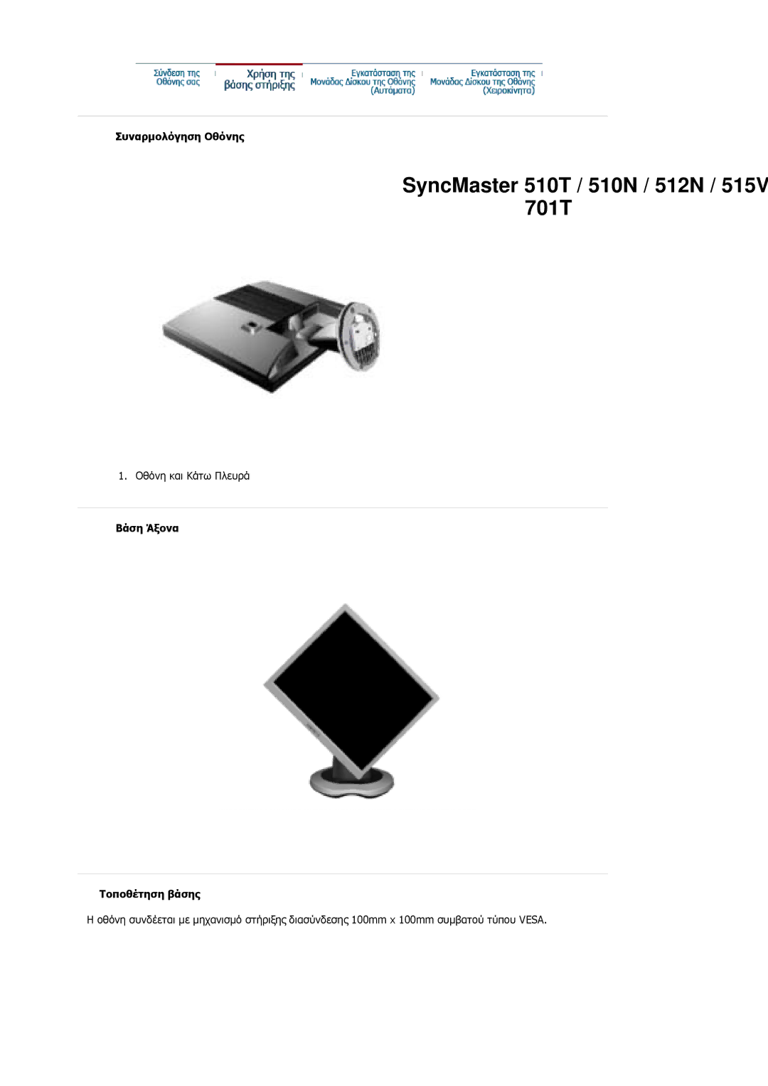 Samsung MJ17ASKN/EDC, MJ17ASKS/EDC, MJ19BSTSQ/EDC manual Συναρµολόγηση Οθόνης, Βάση Άξονα Τοποθέτηση βάσης 