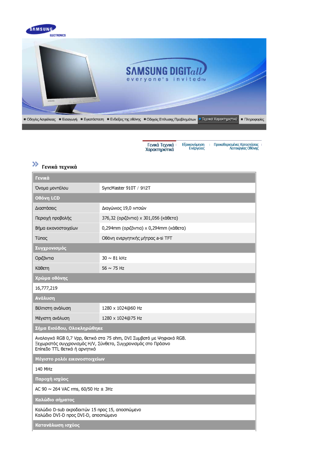 Samsung MJ17ASKN/EDC, MJ17ASKS/EDC, MJ19BSTSQ/EDC manual Όνοµα µοντέλου SyncMaster 910T / 912T 