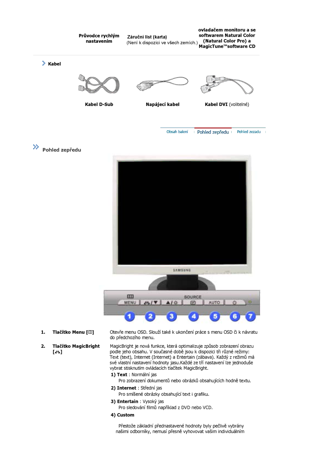 Samsung MJ17ASSS/EDC, MJ17ASKN/EDC, MJ17ASSN/EDC manual Pohled zepředu, Natural Color Pro a, MagicTunesoftware CD, Custom 