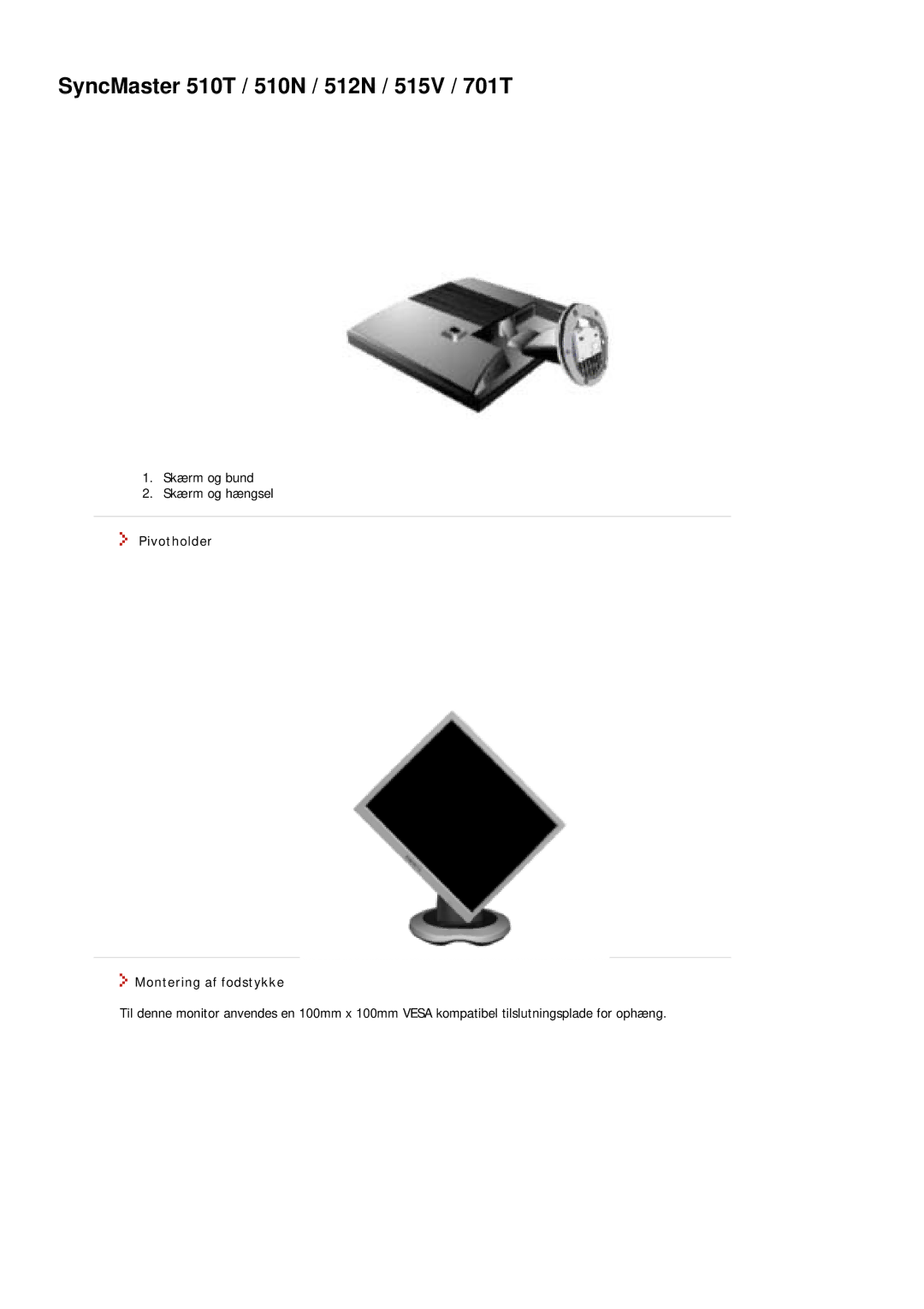 Samsung MJ17BSTSQ/EDC, MJ17ASKN/EDC manual SyncMaster 510T / 510N / 512N / 515V / 701T, Pivotholder Montering af fodstykke 