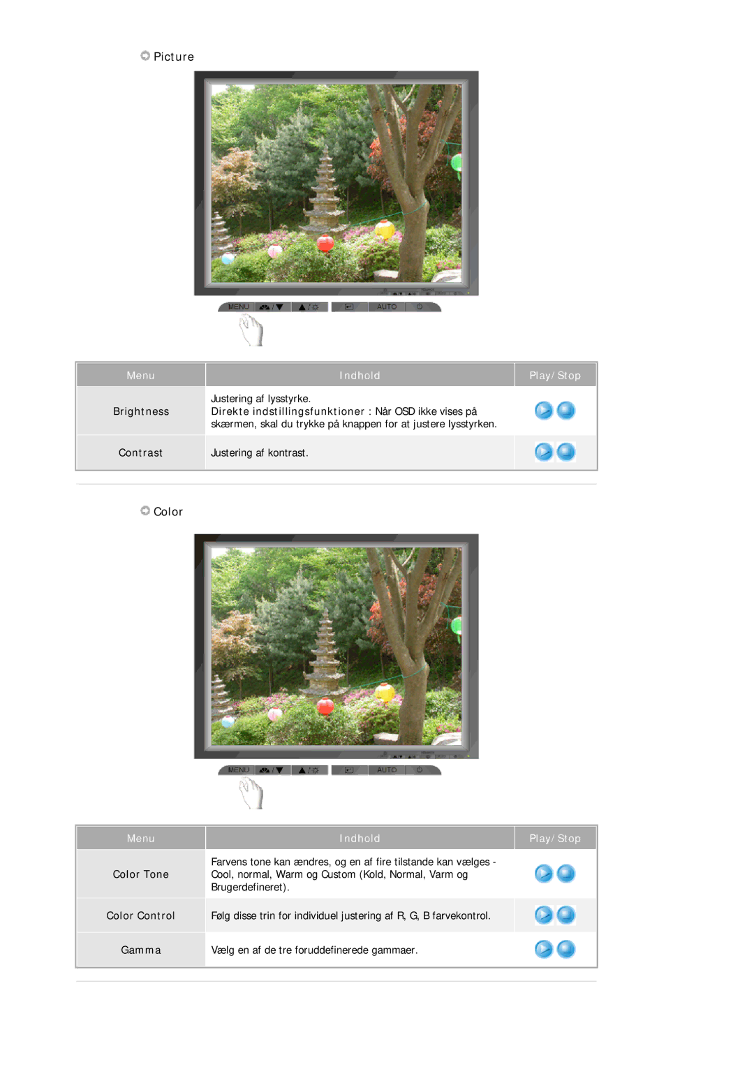 Samsung MJ17BSTSD/EDC, MJ17ASKN/EDC, MJ17ASTS/EDC manual Picture, Color, Direkte indstillingsfunktioner Når OSD ikke vises på 