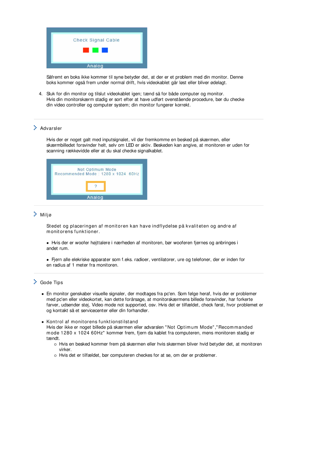 Samsung MJ17ASAS/EDC, MJ17ASKN/EDC, MJ17ASTS/EDC, MJ17ASKS/EDC Advarsler, Gode Tips, Kontrol af monitorens funktionstilstand 