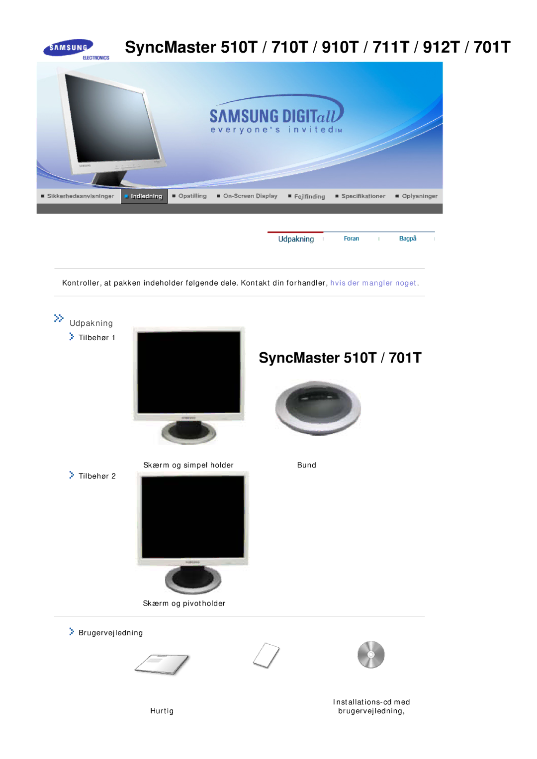 Samsung MJ17ASTS/EDC, MJ17ASKN/EDC, MJ17ASKS/EDC, MJ17BSTSQ/EDC, MJ15ASKS/EDC, MJ17ASAS/EDC manual Udpakning, Tilbehør, Hurtig 